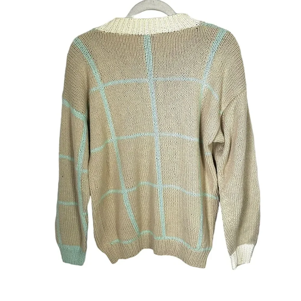 Anne Mieke For Men Sz S Cream Blue Vintage Hand Knit Sweater 100% Cottton